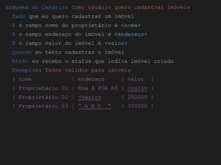 Globalcode – Open4education
Esquema do Cenário: Como usuário quero cadastrar imóveis
Dado que eu quero cadastrar um imóvel
E o campo nome do proprietário é <nome>
E o campo endereço do imóvel é <endereço>
E o campo valor do imóvel é <valor>
Quando eu tento cadastrar o imóvel
Então eu recebo o status que indica imóvel criado
Exemplos: Dados válidos para imóveis
| nome | endereço | valor |
| Proprietário 01 | Rua A POA RS | <nulo> |
| Proprietário 02 | <vazio> | 250000 |
| Proprietário 03 | “ A B C ” | 350000 |
 