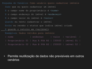 Globalcode – Open4education
Esquema do Cenário: Como usuário quero cadastrar imóveis
Dado que eu quero cadastrar um imóvel
E o campo nome do proprietário é <nome>
E o campo endereço do imóvel é <endereço>
E o campo valor do imóvel é <valor>
Quando eu tento cadastrar o imóvel
Então eu recebo o status que indica imóvel criado
E guardo o retorno em <variável>
Exemplos: Dados válidos para imóveis
| nome | endereço | valor | variável |
| Proprietário 01 | Rua A POA RS | 150000 | imóvel 01 |
| Proprietário 02 | Rua B POA RS | 250000 | imóvel 02 |
• Permite reutilização de dados não previsíveis em outros
cenários
 
