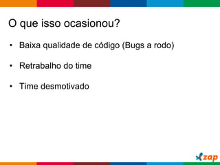 Globalcode – Open4education
O que isso ocasionou?
• Baixa qualidade de código (Bugs a rodo)
• Retrabalho do time
• Time desmotivado
 