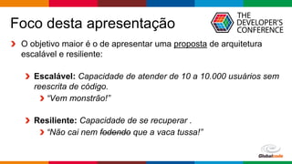 Globalcode – Open4education
Foco desta apresentação
O objetivo maior é o de apresentar uma proposta de arquitetura
escalável e resiliente:
Escalável: Capacidade de atender de 10 a 10.000 usuários sem
reescrita de código.
“Vem monstrão!”
Resiliente: Capacidade de se recuperar .
“Não cai nem fodendo que a vaca tussa!”
 