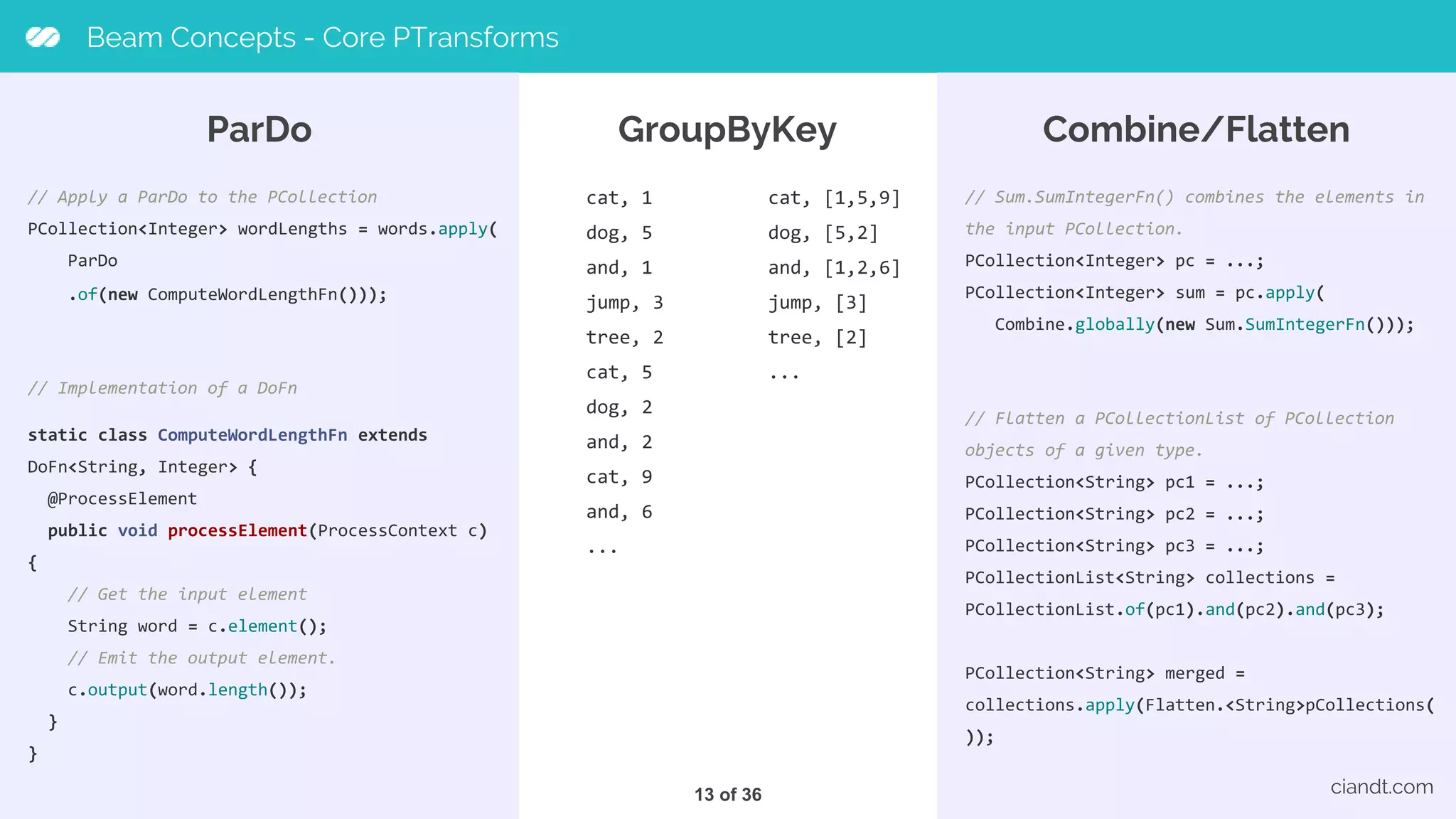 Beam Concepts - Core PTransforms ParDo // Apply a ParDo to the PCollection PCollection<Integer> wordLengths = words.apply( ParDo .of(new ComputeWordLengthFn())); // Implementation of a DoFn static class ComputeWordLengthFn extends DoFn<String, Integer> { @ProcessElement public void processElement(ProcessContext c) { // Get the input element String word = c.element(); // Emit the output element. c.output(word.length()); } } ciandt.com Combine/Flatten // Sum.SumIntegerFn() combines the elements in the input PCollection. PCollection<Integer> pc = ...; PCollection<Integer> sum = pc.apply( Combine.globally(new Sum.SumIntegerFn())); // Flatten a PCollectionList of PCollection objects of a given type. PCollection<String> pc1 = ...; PCollection<String> pc2 = ...; PCollection<String> pc3 = ...; PCollectionList<String> collections = PCollectionList.of(pc1).and(pc2).and(pc3); PCollection<String> merged = collections.apply(Flatten.<String>pCollections( )); GroupByKey cat, [1,5,9] dog, [5,2] and, [1,2,6] jump, [3] tree, [2] ... cat, 1 dog, 5 and, 1 jump, 3 tree, 2 cat, 5 dog, 2 and, 2 cat, 9 and, 6 ... ciandt.com13 of 36 