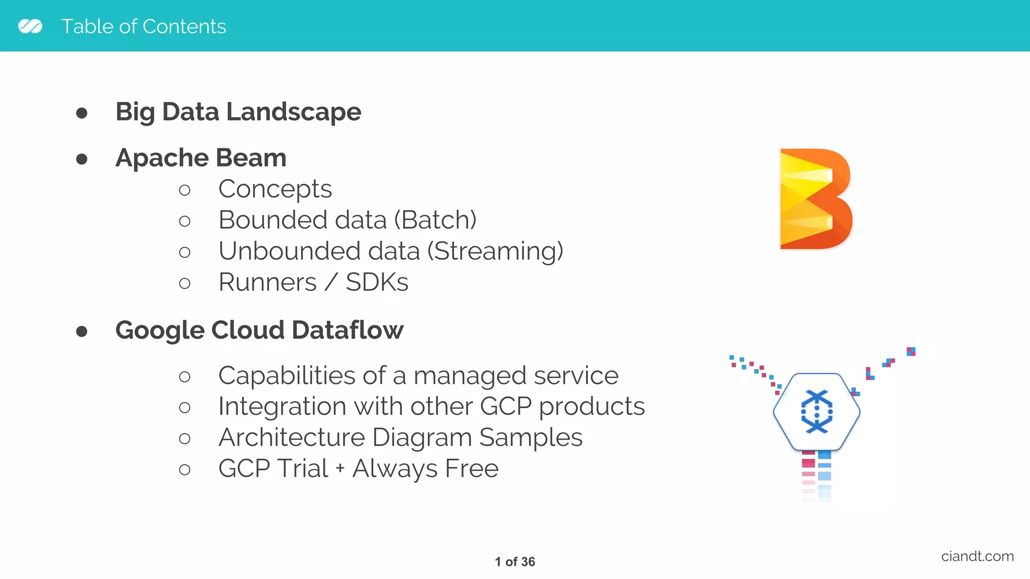 ● Apache Beam ○ Concepts ○ Bounded data (Batch) ○ Unbounded data (Streaming) ○ Runners / SDKs ● Big Data Landscape Table of Contents ciandt.com ● Google Cloud Dataflow ○ Capabilities of a managed service ○ Integration with other GCP products ○ Architecture Diagram Samples ○ GCP Trial + Always Free 1 of 36 