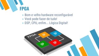FPGA
» Bom e velho hardware reconfigurável
» Você pode fazer de tudo!
» DSP, CPU, enfim... Lógica Digital!
 
