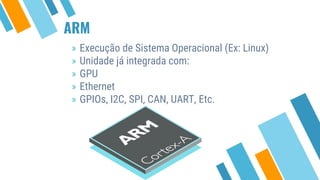 ARM
» Execução de Sistema Operacional (Ex: Linux)
» Unidade já integrada com:
» GPU
» Ethernet
» GPIOs, I2C, SPI, CAN, UART, Etc.
 