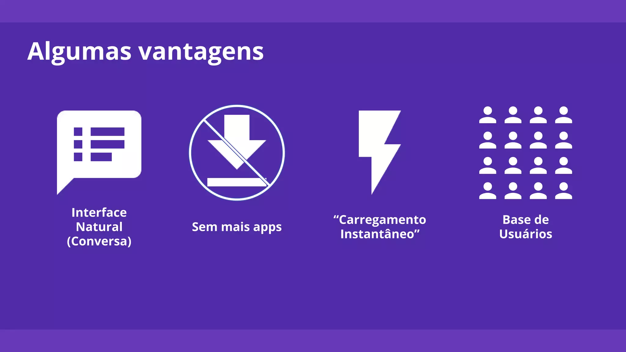 Algumas vantagens
Interface
Natural
(Conversa)
“Carregamento
Instantâneo”
Sem mais apps
Base de
Usuários
 
