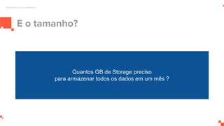 E o tamanho?
Entendendo os problemas
Quantos GB de Storage preciso
para armazenar todos os dados em um mês ?
 