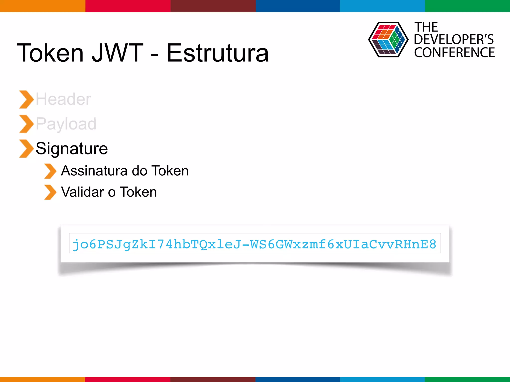 Globalcode – Open4education
Token JWT - Estrutura
Header
Payload
Signature
Assinatura do Token
Validar o Token
jo6PSJgZkI74hbTQxleJ-WS6GWxzmf6xUIaCvvRHnE8
 