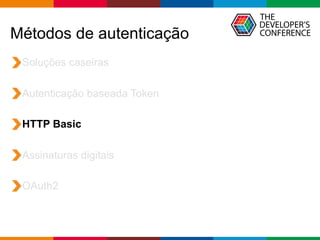Globalcode – Open4education
Métodos de autenticação
Soluções caseiras
Autenticação baseada Token
HTTP Basic
Assinaturas digitais
OAuth2
 