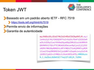 Globalcode – Open4education
Token JWT
Baseado em um padrão aberto IETF - RFC 7519
https://tools.ietf.org/html/rfc7519
Permite envio de informações
Garantia de autenticidade
 