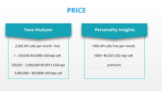 Tone Analyzer
PRICE
2,500 API calls per month free
1 - 250,000 $0.0088 USD/api call
250,001 - 5,000,000 $0.0013 USD/api
5,000,000 + $0.0008 USD/api call
Personality Insights
1000 API calls free per month
1000+ $0.020 USD /api call
premium
 