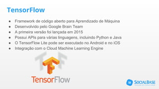 TensorFlow
● Framework de código aberto para Aprendizado de Máquina
● Desenvolvido pelo Google Brain Team
● A primeira versão foi lançada em 2015
● Possui APIs para várias linguagens, incluindo Python e Java
● O TensorFlow Lite pode ser executado no Android e no iOS
● Integração com o Cloud Machine Learning Engine
 