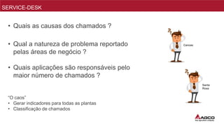 • Quais as causas dos chamados ?
• Qual a natureza de problema reportado
pelas áreas de negócio ?
• Quais aplicações são responsáveis pelo
maior número de chamados ?
“O caos”
• Gerar indicadores para todas as plantas
• Classificação de chamados
SERVICE-DESK
Canoas
Santa
Rosa
 