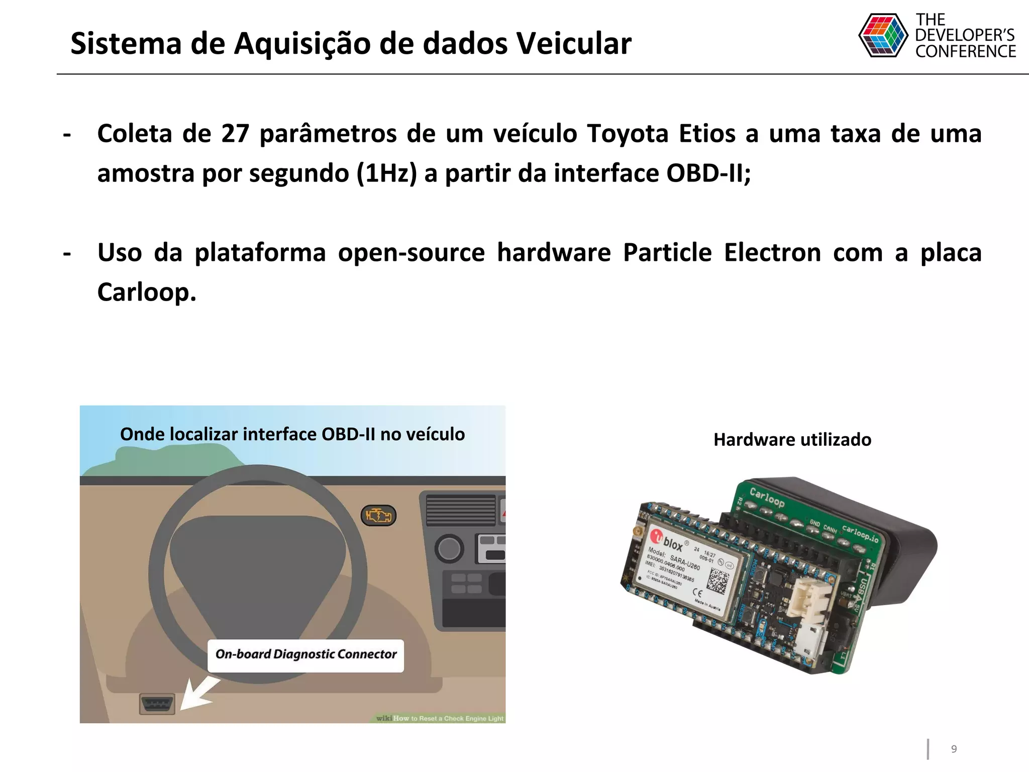 9
Sistema de Aquisição de dados Veicular
- Coleta de 27 parâmetros de um veículo Toyota Etios a uma taxa de uma
amostra por segundo (1Hz) a partir da interface OBD-II;
- Uso da plataforma open-source hardware Particle Electron com a placa
Carloop.
Hardware utilizadoOnde localizar interface OBD-II no veículo
 