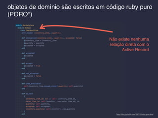 objetos de domínio são escritos em código ruby puro
(PORO*)
Não existe nenhuma
relação direta com o
Active Record
*http://blog.jayﬁelds.com/2007/10/ruby-poro.html
 