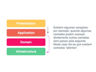 Existem algumas variações,
por exemplo, quando algumas
camadas podem acessar
diretamente outras camadas
sem passar pela seguinte.
Neste caso diz-se que existem
camadas “abertas”.
 