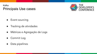 Globalcode – Open4education
Kafka
Principais Use cases
● Event sourcing
● Tracking de atividades
● Métricas e Agregação de Logs
● Commit Log
● Data pipelines
 