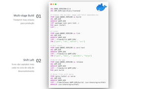14
Footprint mais enxuto
para produção
Multi-stage Build 01
Erros são captados mais
cedo no ciclo de vida de
desenvolvimento
Shift Left 02
 