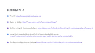 60
BIBLIOGRAFIA
ArgoCD https://argoproj.github.io/argo-cd/
Guide to GitOps https://www.weave.works/technologies/gitops/
Shifting Left with Continuous Delivery https://dzone.com/refcardz/shifting-left-with-continuous-delivery?chapter=2
Using Multi-Stage Builds to Simplify And Standardize Build Processes
https://medium.com/capital-one-tech/multi-stage-builds-and-dockerfile-b5866d9e2f84
The Benefits of Continuous Delivery https://dzone.com/articles/the-benefits-of-continuous-delivery
 