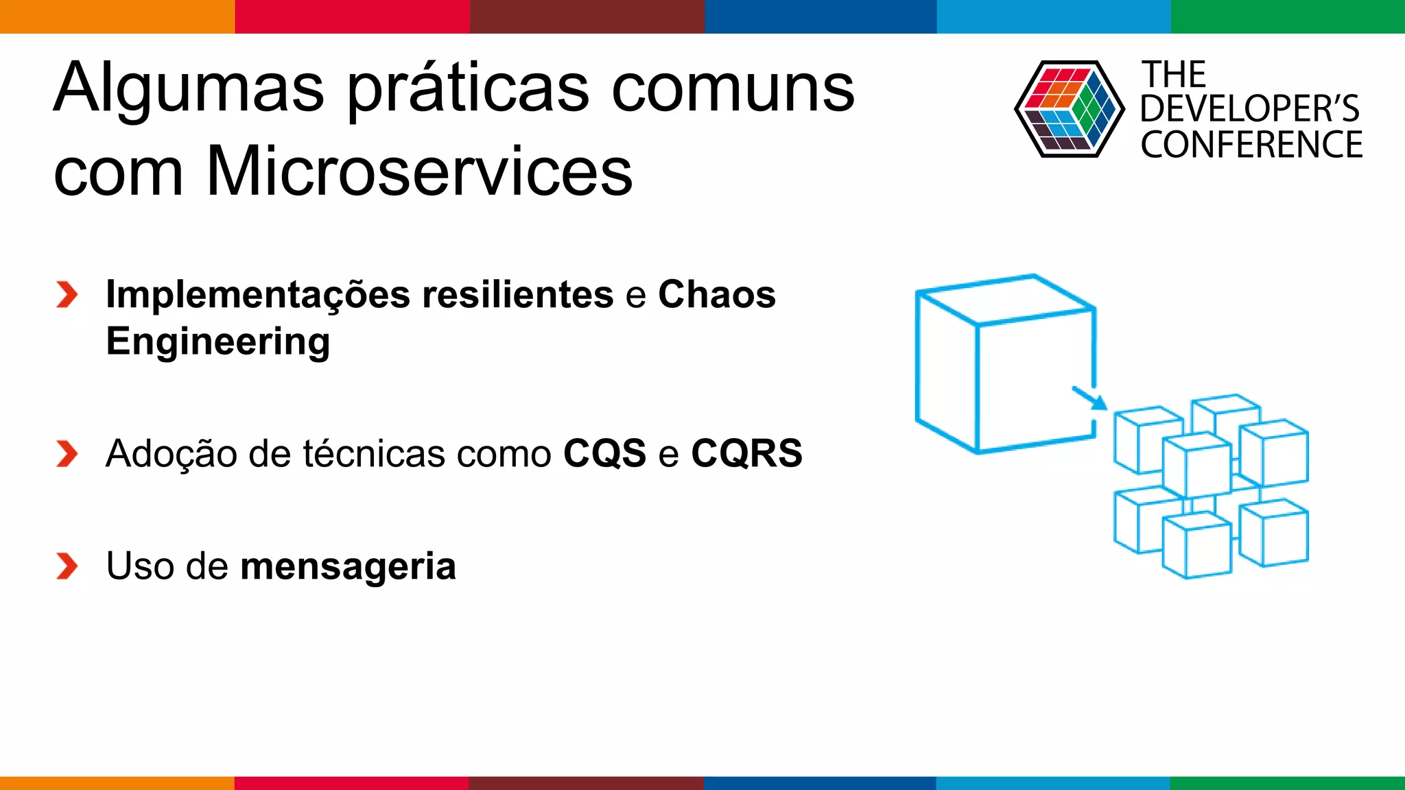 Globalcode – Open4education
Algumas práticas comuns
com Microservices
Implementações resilientes e Chaos
Engineering
Adoção de técnicas como CQS e CQRS
Uso de mensageria
 