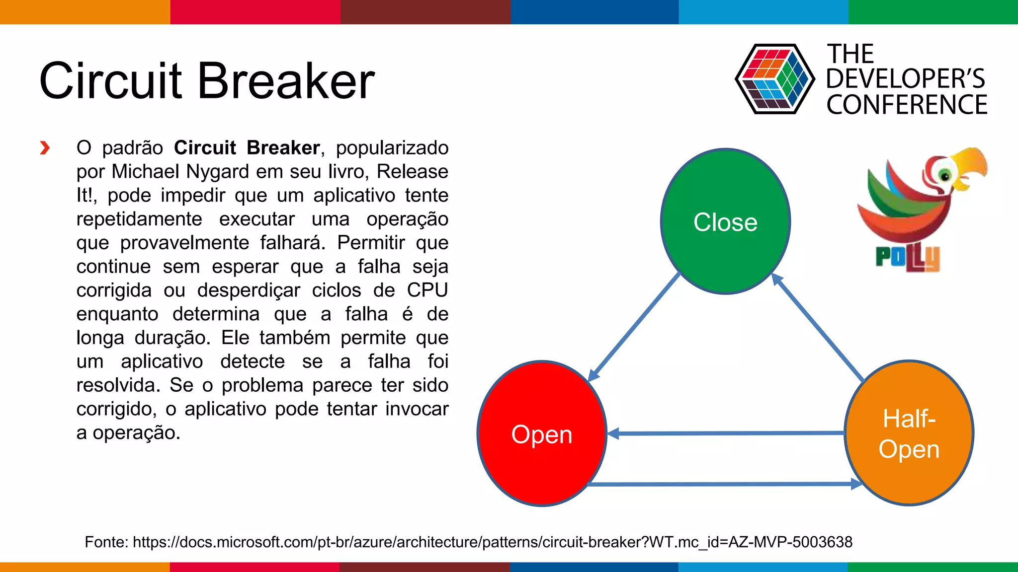 Globalcode – Open4education
Circuit Breaker
Close
Half-
Open
Open
O padrão Circuit Breaker, popularizado
por Michael Nygard em seu livro, Release
It!, pode impedir que um aplicativo tente
repetidamente executar uma operação
que provavelmente falhará. Permitir que
continue sem esperar que a falha seja
corrigida ou desperdiçar ciclos de CPU
enquanto determina que a falha é de
longa duração. Ele também permite que
um aplicativo detecte se a falha foi
resolvida. Se o problema parece ter sido
corrigido, o aplicativo pode tentar invocar
a operação.
Fonte: https://docs.microsoft.com/pt-br/azure/architecture/patterns/circuit-breaker?WT.mc_id=AZ-MVP-5003638
 