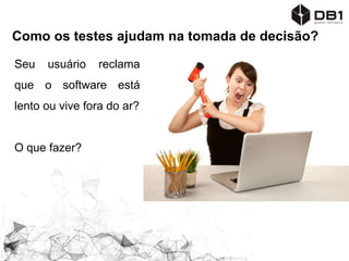 Como os testes ajudam na tomada de decisão?
Seu usuário reclama
que o software está
lento ou vive fora do ar?
O que fazer?
 