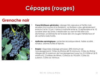 Cépages (rouges)Cépages (rouges)
• Caractéristiques générales: cépage très vigoureux et fertile mais
sensible à la coulure (à la floraison) ; sa floraison a lieu généralement
entre le 5 et le 15 juin, il arrive à maturité entre le 15 septembre et le 10
octobre selon les zones. Il résiste bien au vent et très bien à la
sécheresse. Le Grenache est la base des vins rouges méridionaux et
de certains rosés fruités.
• Aptitudes œnologiques : potentiel alcoolique élevé, faible acidité,
rondeur, arômes fruités et épicés.
• Emploi : Gigondas (cépage principal, 50% minimum de
l’encépagement), Côtes du Rhône (40 % minimum), Côtes du Rhône
Villages (65 % maximum de l’encépagement jusqu’au 31/12/04 et 50 %
minimum), Costières de Nîmes, Coteaux du Tricastin, Côtes du
Luberon, Côtes du Ventoux.
Grenache noir
15TDC #3 - Côtes du Rhône
 