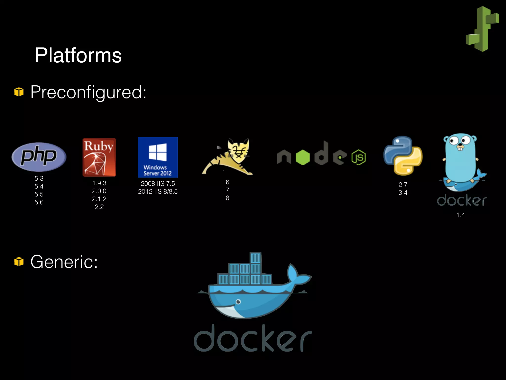 Preconﬁgured: 
 
 
 
 
 
Generic:
Platforms
5.3
5.4
5.5
5.6
1.9.3
2.0.0
2.1.2
2.2
6
7
8
2008 IIS 7.5
2012 IIS 8/8.5
2.7
3.4
1.4
 
