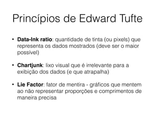 Princípios de Edward Tufte
• Data-Ink ratio: quantidade de tinta (ou pixels) que
representa os dados mostrados (deve ser o maior
possível)
• Chartjunk: lixo visual que é irrelevante para a
exibição dos dados (e que atrapalha)
• Lie Factor: fator de mentira - gráﬁcos que mentem
ao não representar proporções e comprimentos de
maneira precisa
 