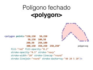 Polígono fechado
<polygon>
<polygon	points="150,150			50,250	
																		50,150		100,50	 
																	200,50			250,100	
																	300,150		350,250		250,250"	 
	 	 fill="red"	fill-opacity="0.2"		 
	 	 stroke-opacity="0.5"	stroke="navy"	 
	 	 stroke-width="10"	stroke-linecap="round"	 
	 	 stroke-linejoin="round"	stroke-dasharray="40	20	5	20"/>	
polygon.svg
 