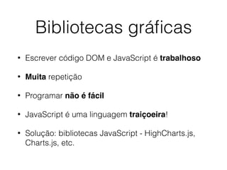 Bibliotecas gráﬁcas
• Escrever código DOM e JavaScript é trabalhoso
• Muita repetição
• Programar não é fácil
• JavaScript é uma linguagem traiçoeira!
• Solução: bibliotecas JavaScript - HighCharts.js,
Charts.js, etc.
 