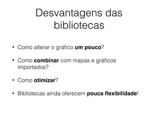 Desvantagens das
bibliotecas
• Como alterar o gráﬁco um pouco?
• Como combinar com mapas e gráﬁcos
importados?
• Como otimizar?
• Bibliotecas ainda oferecem pouca ﬂexibilidade!
 