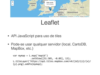 Leaﬂet
• API JavaScript para uso de tiles
• Pode-se usar qualquer servidor (local, CartoDB,
MapBox, etc.)
var	mymap	=	L.map('mapid') 
													.setView([51.505,	-0.09],	13); 
L.tileLayer('https://api.tiles.mapbox.com/v4/{id}/{z}/{x}/
{y}.png).addTo(mymap);
 