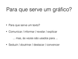Para que serve um gráﬁco?
• Para que serve um texto?
• Comunicar / informar / revelar / explicar
... mas, às vezes são usados para ...
• Seduzir / doutrinar / destacar / convencer
 