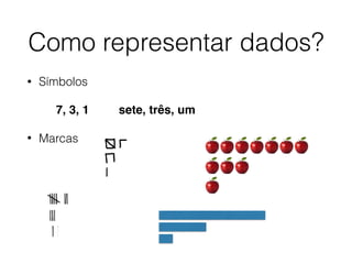 Como representar dados?
• Símbolos
7, 3, 1 sete, três, um
• Marcas
 
