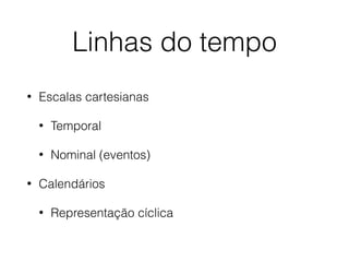 Linhas do tempo
• Escalas cartesianas
• Temporal
• Nominal (eventos)
• Calendários
• Representação cíclica
 