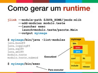 Como gerar um runtime
jlink --module-path $JAVA_HOME/jmods:mlib  
--add-modules modulo.teste
--launcher exec
launch=modulo.teste/pacote.Main 
--output myimage
$ myimage/bin/java -list-modules
java.base@9
java.logging@9
java.sql@9
java.xml@9
modulo.teste
modulo.teste.submod
$ myimage/bin/exec
myimage
bin
exec
java
conf lib
include
release
Executável
Para executar
 