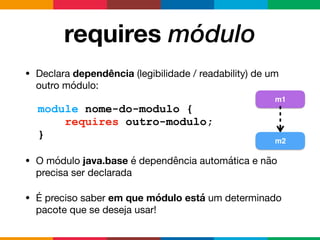 requires módulo
• Declara dependência (legibilidade / readability) de um
outro módulo:

• O módulo java.base é dependência automática e não
precisa ser declarada

• É preciso saber em que módulo está um determinado
pacote que se deseja usar!
module nome-do-modulo {
requires outro-modulo;
}
m2
m1
 