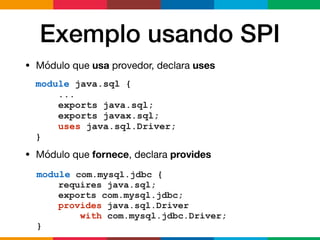 Exemplo usando SPI
• Módulo que usa provedor, declara uses
• Módulo que fornece, declara provides
module java.sql {
...
exports java.sql;
exports javax.sql;
uses java.sql.Driver;
}
module com.mysql.jdbc {
requires java.sql;
exports com.mysql.jdbc;
provides java.sql.Driver
with com.mysql.jdbc.Driver;
}
 