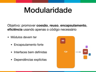 Modularidade
Objetivo: promover coesão, reuso, encapsulamento,
eﬁciência usando apenas o código necessário

• Módulos devem ter 

• Encapsulamento forte

• Interfaces bem deﬁnidas

• Dependências explícitas
rt.jar app
app
 