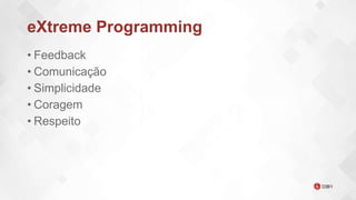 eXtreme Programming
• Feedback
• Comunicação
• Simplicidade
• Coragem
• Respeito
 