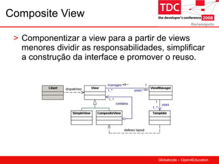 Composite View Componentizar a view para a partir de views menores dividir as responsabilidades, simplificar a construção da interface e promover o reuso. 