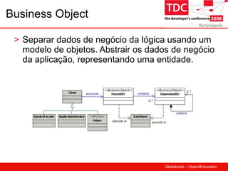 Business Object Separar dados de negócio da lógica usando um modelo de objetos. Abstrair os dados de negócio da aplicação, representando uma entidade. 
