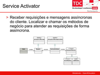 Service Activator Receber requisições e mensagens assíncronas do cliente. Localizar e chamar os métodos de negócio para atender as requisições de forma assíncrona. 