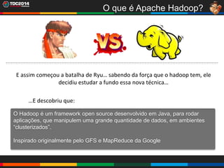 10
O que é Apache Hadoop?
O Hadoop é um framework open source desenvolvido em Java, para rodar
aplicações, que manipulem uma grande quantidade de dados, em ambientes
“clusterizados”.
Inspirado originalmente pelo GFS e MapReduce da Google
E assim começou a batalha de Ryu… sabendo da força que o hadoop tem, ele
decidiu estudar a fundo essa nova técnica…
…E descobriu que:
 