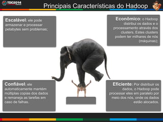 12
Principais Características do Hadoop
Escalável: ele pode
armazenar e processar
petabytes sem problemas;
Econômico: o Hadoop
distribui os dados e o
processamento através dos
clusters. Estes clusters
podem ter milhares de nós
(máquinas);
Eficiente: Por distribuir os
dados, o Hadoop pode
processar eles em paralelo por
meio dos nós, onde os dados
estão alocados.
Confiável: ele
automaticamente mantém
múltiplas copias dos dados
e remaneja as tarefas em
caso de falhas.
 