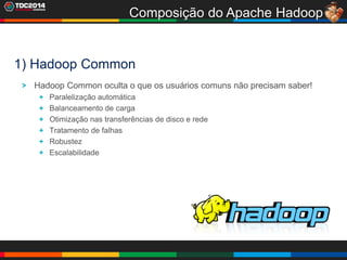 16
Composição do Apache Hadoop
1) Hadoop Common
Hadoop Common oculta o que os usuários comuns não precisam saber!
Paralelização automática
Balanceamento de carga
Otimização nas transferências de disco e rede
Tratamento de falhas
Robustez
Escalabilidade
 