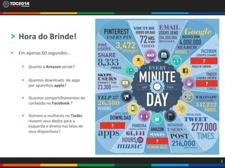2
Hora do Brinde!
Em apenas 60 segundos...
Quanto a Amazon vende?
Quantos downloads de apps
por aparelhos apple?
Quantos compartilhamentos de
conteúdo no Facebook ?
Homens e mulheres no Tinder
movem seus dedos para a
esquerda e direita nas telas de
seus dispositivos?
?
?
?
?
 