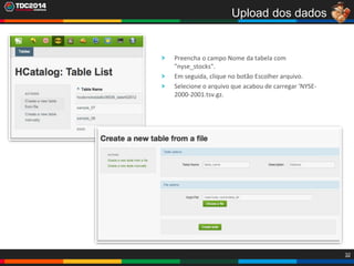 32
Upload dos dados
Preencha o campo Nome da tabela com
"nyse_stocks".
Em seguida, clique no botão Escolher arquivo.
Selecione o arquivo que acabou de carregar 'NYSE-
2000-2001.tsv.gz.
 
