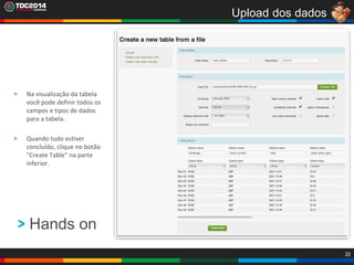 33
Upload dos dados
Na visualização da tabela
você pode definir todos os
campos e tipos de dados
para a tabela.
Quando tudo estiver
concluído, clique no botão
"Create Table" na parte
inferior.
Hands on
 