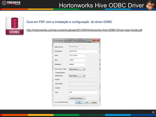 45
Hortonworks Hive ODBC Driver
Guia em PDF com a instalação e configuração do driver ODBC
http://hortonworks.com/wp-content/uploads/2013/04/Hortonworks-Hive-ODBC-Driver-User-Guide.pdf
 